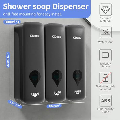Shampoo and Conditioner Dispenser, 3 Chamber 3x300ml, Wall Mount, No Drill | Refillable Body Wash and Shower Soap Dispenser Set for Bathroom Hotel Kitchen Home - color: Starry Gray 3-pack