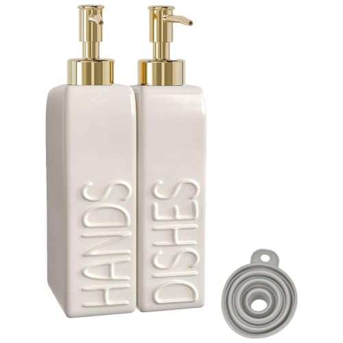 Ceramic Dish and Hand Soap Dispenser Set, 2 Pack with Stainless Steel Pump | Refillable bottles with an included funnel for easy refills and daily use, adding a stylish touch to kitchens and bathrooms. - color: Matte White, Gold Pump