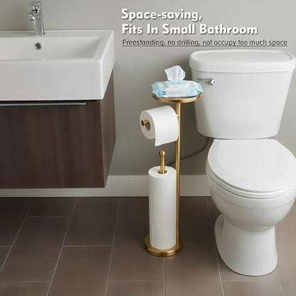 Gold Toilet Paper Holder with Shelf, Tissue Roll Holder Stand with Storage for Holding Extra 4 Toilet Paper Rolls, Stainless Steel Rustproof Freestanding (Brushed Gold) - color: Gold