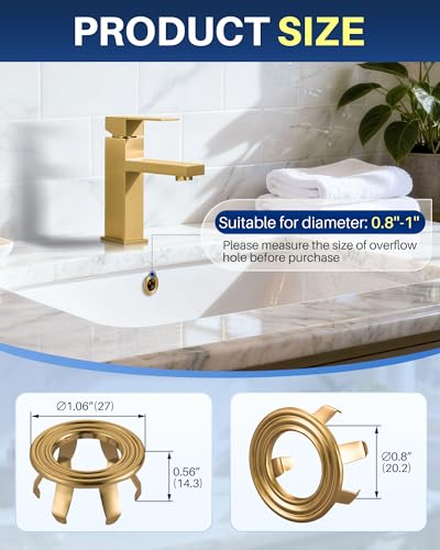 Sink Overflow Ring Brushed Gold: 2 Pack Solid Brass Bathroom Sink Overflow Trim Cover, Hole Insert Caps Replacement for Bathroom Kitchen Vanity Basin - color: Brushed Gold