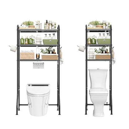 Simple Trending Expandable Over The Toilet Storage Rack, Metal 3 Tier Bathroom Organizer Shelf with Paper Holder and 3 Hooks, Black - color: Black