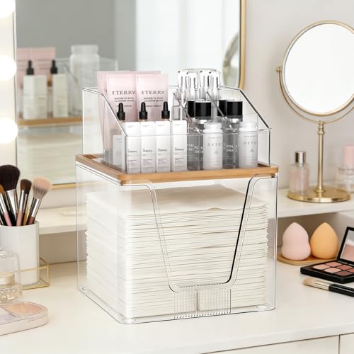 SPOSPO 2 in 1 Disposable Facial Towel Holder and Cosmetic Organizer | Clear Storage with Bamboo Lid Compatible with Clean Skin Club Towel XL, Vanity Organizer for Bathroom Vanity Counter (1 Pack)