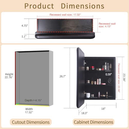Black Medicine Cabinet, 18x26.5 Inch Wood Framed Mirror, Fully Assembled Recessed or Wall Mount Wood Cabinet with 2 Storage Shelves, Fully Assembled - color: Black