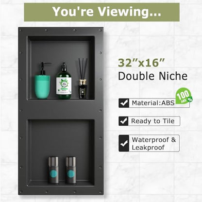 Suteck 32"x16" Shower Niche, Double Shelf Tile-Ready Waterproof Storage Box | 12"x12" Each Cubby | 100% Waterproof ABS | Over/Flush Mount, Vertical/Horizontal | Multi-Scene For Bathroom, Kitchen - size: 32" x 16"