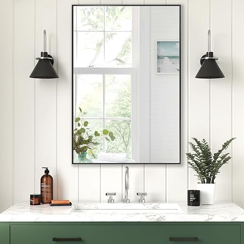 LEDLUX 24x32 Inch Black Bathroom Mirror, Copper-Free Aluminum Alloy Frame Vanity Mirror, Rectangle Wall Mounted Modern Mirror for Bedroom/Living Room/Porch Horizontal or Vertical - color: Black, size: 24"L x 32"W