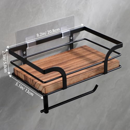 YIGII Rustic Farmhouse Toilet Paper Holder with Shelf - Wooden Tissue Paper Roll Holder, Bathroom Wall Mounted Toilet Paper Roll Holder with Wipes Storage, Black Metal - color: Matte Black+brown
