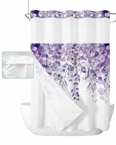 No Hook Shower Curtain and Snap in Liner Set, Purple Eucalyptus Fabric Bathroom Stall Shower Curtains 48x72, See Through Mesh Top Window, Spring Summer Botanical Floral Leaves Country Hotel Style - color: Purple, size: 48"W x 72"L (Pack of 1)