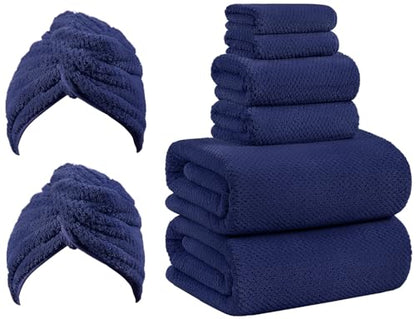 Bath Towel Set of 8,Large Bath Sheets 35"x70"-Navy Blue | Super Soft Microfiber, Lint Free & Quick Dry Towels for Bathroom,Gym,Hotel–2 Bath,2 Hair,2 Hand,2 Washcloths - color: Navy Blue, size: 8Piece Towel Set