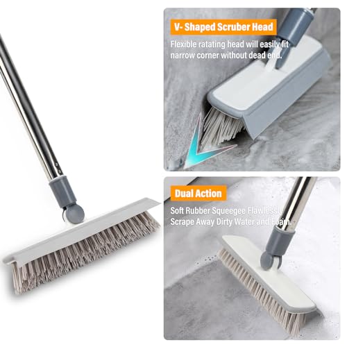 4 in 1 Tile Shower Cleaner Brush, Long Handled Scrub Brush for Shower with Adjustable Long Handle Floor Scrub Brush for Cleaning Bathroom/Shower/Tub/Tile/Kitchen/Glass/Wall