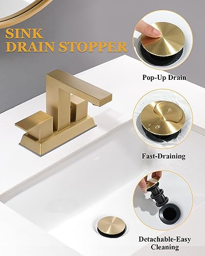 Tohlar Brushed Gold 2 Handle 4 Inch Centerset Bathroom Faucet with Pop Up Drain and 2 Lead-Free Hoses - color: Brushed Gold
