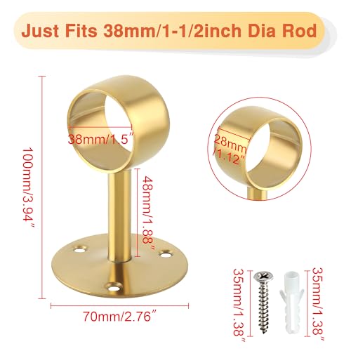 Alise Gold Curtain Rod Holder Bracket 1-1/2Inch Dia,Closet Rod Holders | Wall Mounted,Ceiling Mount Curtain Rod Flange Brackets,Stainless Steel,Curved Curtain Rod Holders,for Bathroom,Kitchen,4 Pack - color: Golden Finish, size: 38mm/1-1/2 Inch Dia.