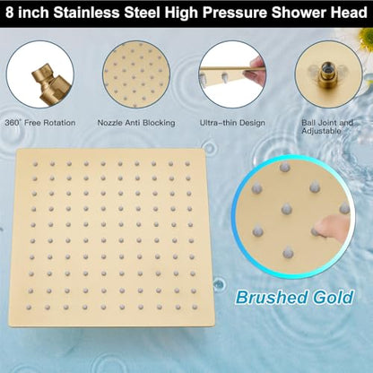Midanya Shower Faucet Set with Handheld Sprayer,8 Inch,Brushed Gold | Rough-in Shower Valve and Trim Kit Included,Square Rain Head,Wall Mount Shower System,All Metal,Bathroom - color: Gold, size: 8 Inch