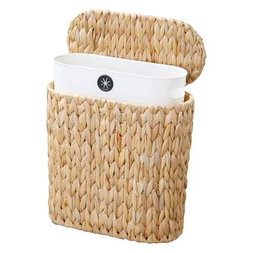 Coeusy Wicker Bathroom Trash Can with Lid,Narrow Rattan Waste Basket with Removable Liner Bucket,Slim Woven Water Hyacinth Garbage Can for Bedroom,Office,Small Spaces,3 Gallon - size: 3 Gallon