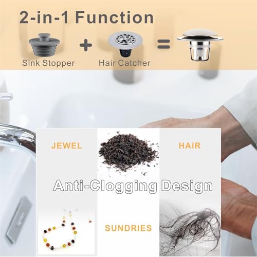 WELLUP Bathroom Sink Stopper,Sink Drain Stopper Pop Up Strainer Brushed | 2 Pack Brushed Sink Stopper Replacement,Bathroom Sink Drain Stopper with Hair Catcher,Fit 1 1/8"-1 1/2",Anti-Clogging Design - color: Brush