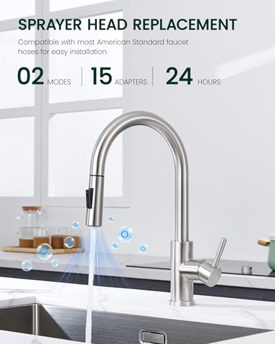 Metal Kitchen Faucet Head Replacement with 15 Adapters | 2-Mode Pull Down Kitchen Faucet Spray Head, High Pressure Sink Sprayer Nozzle Stainless Steel, Brushed Nickel - color: Brushed Nickel