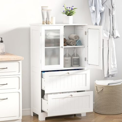 Tangkula Bathroom Floor Storage Cabinet, Freestanding Cupboard Pantry with 2 Drawers and 2 Frosted Glass Doors, Adjustable Shelf, for Kitchen, Living Room, Dining Room, 23.5" x 12" x 42.5" (White)