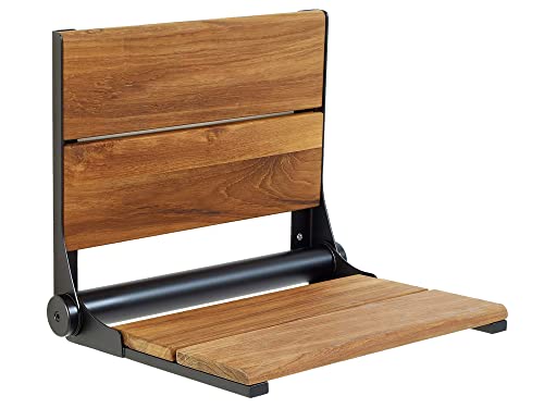 Teak Shower Seat - Type 304 Stainless Steel/Contoured 1" Natural Wood Slats/ADA Folding Wall Mount Bench/Matte Black / 18" x 16" - color: Matte Black, Teak, size: 18" x 16"