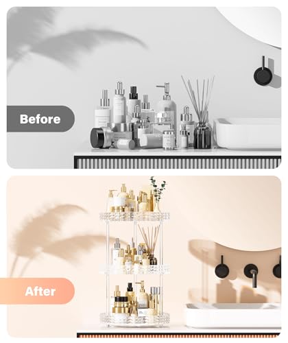 3Tier Diamond Lazy Susan Bathroom Countertop Organizer, 360° Clear Rotating Makeup Cosmetic Perfume Storage Tray, Spinning Vanity Organizer Shelf for Bathroom Cabinet, Dresser, Kitchen(Large) - size: 3 Tier / 10.6Inch-Diamond