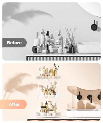 3Tier Diamond Lazy Susan Bathroom Countertop Organizer, 360° Clear Rotating Makeup Cosmetic Perfume Storage Tray, Spinning Vanity Organizer Shelf for Bathroom Cabinet, Dresser, Kitchen(Large) - size: 3 Tier / 10.6Inch-Diamond