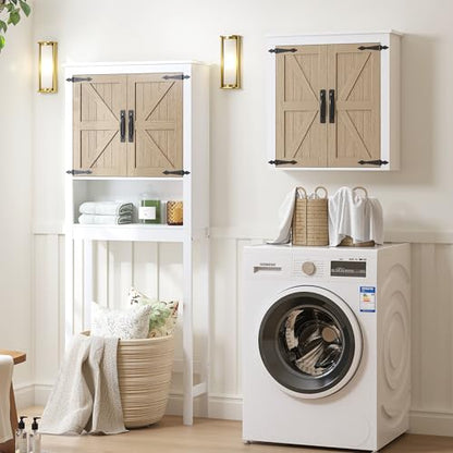 Spirich Over the Toilet Storage Cabinet with Wood-Grain Barn Doors, White | Adjustable Shelves, 33-Inch Toilet Clearance, Adjustable Bottom Rail, Anti-Tip Device, Farmhouse Style, FSC-Certified Wood