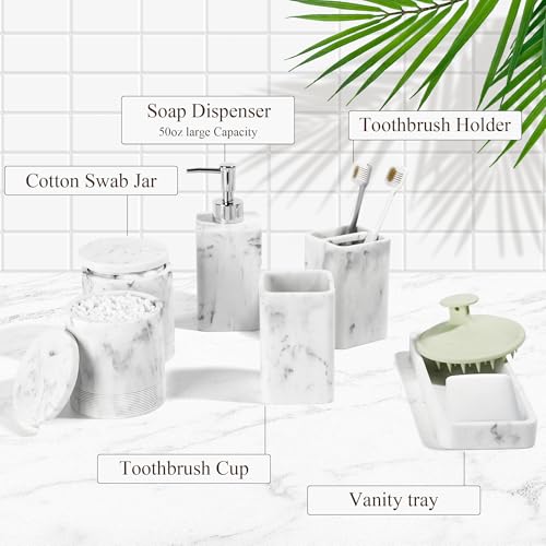 Bathroom Accessories Set, 6 Piece Soap Dispenser Set - Marble White | Bathroom Set with Toothbrush Holders, Soap Dispenser, Vanity Tray, Tumbler, Cotton Swab Jars, Bathroom Organizer and Storage - color: White