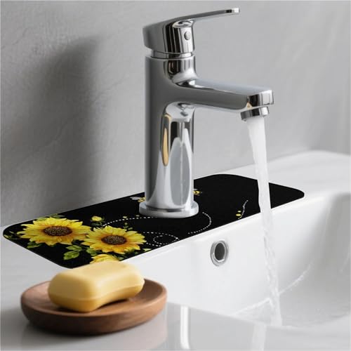 Kitchen Sink Splash Guard，sunflowers-and bees- Faucet Mat Sink Gadgets-Super Absorbent Fast Drying Mat Drip Catcher for Kitchen, Bathroom,Sink Mat, Dish Drying Mat, Bathroom(15" X 5.5" ) - color: sunflowers-and bees-