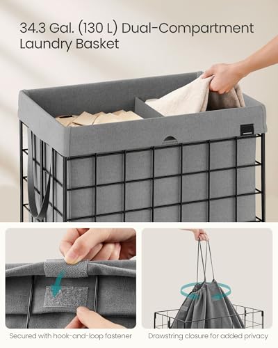 SONGMICS Laundry Hamper, 34.3 Gal. (130L) Laundry Basket, Collapsible Clothes Hamper, Removable and Washable Liner, Metal Wire Frame, for Bedroom Bathroom, Black and Gray ULCB113G01 - color: Black + Gray, size: 130 L