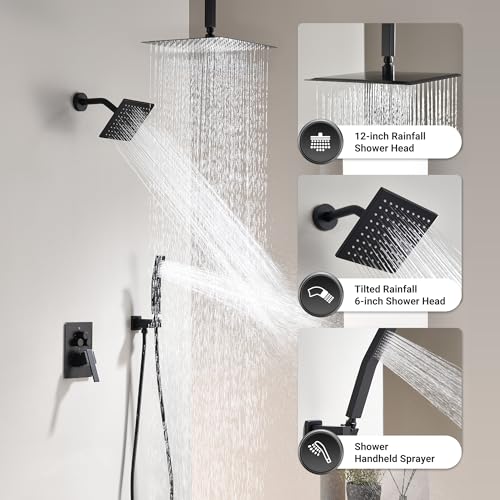 Dasan Matte Black Dual Shower Heads System with Ceiling 12-Inch Rainfall Shower & Wall Mount 6-Inch High Pressure Shower Head, Full Body Dual Shower Set with Handheld Sprayer, 3-Function Shower Faucet - color: Matte Black