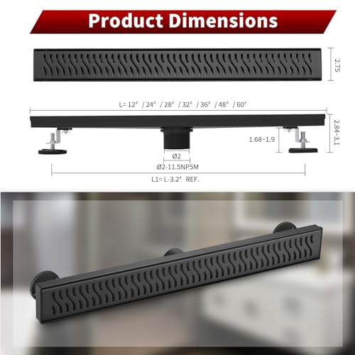 Sharp-tec Linear Shower Drain, 28 inch Shower Drain with Removable Pattern Cover, Matte Black 304 Stainless Steel Rectangle Floor Drain, Adjustable Feet and Hair Strainer Included - color: Matte Black, size: 28 inch