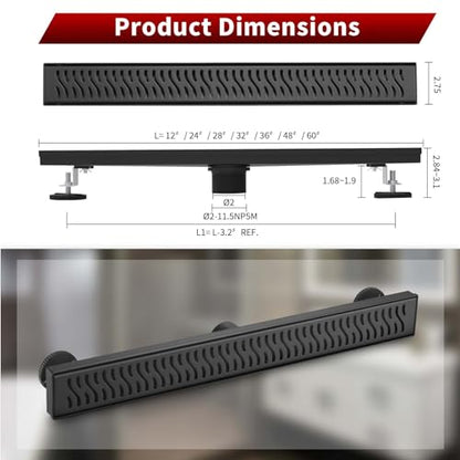 Sharp-tec Linear Shower Drain, 28 inch Shower Drain with Removable Pattern Cover, Matte Black 304 Stainless Steel Rectangle Floor Drain, Adjustable Feet and Hair Strainer Included - color: Matte Black, size: 28 inch