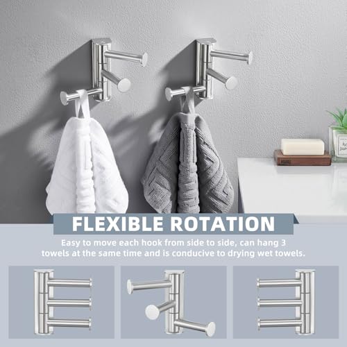 Suyar Bathroom Towel Hook with 3 Arms, Swivel Robe Holder, Brushed Nickel | 2 Pack, SUS304 Stainless Steel, Wall Mounted - color: Brushed Nickel, size: 2 Pack