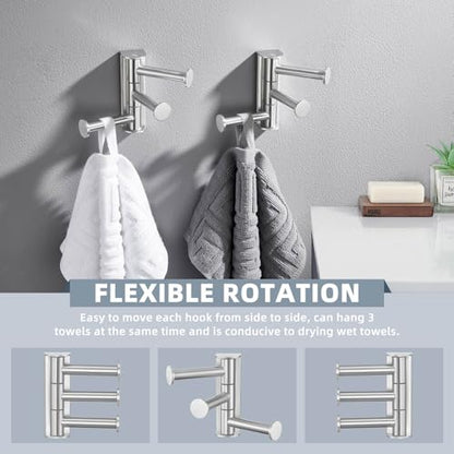 Suyar Bathroom Towel Hook with 3 Arms, Swivel Robe Holder, Brushed Nickel | 2 Pack, SUS304 Stainless Steel, Wall Mounted - color: Brushed Nickel, size: 2 Pack