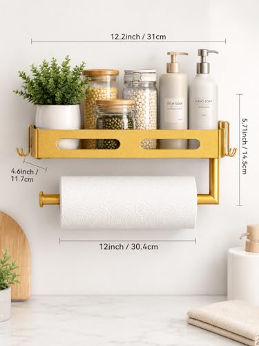 Gold Paper Towel Holder Wall Mount with Shelf, Easy One Hand Tear, Adhesive Glue or Drill Mount Hanging Paper Towel Holder with Shelf for Kitchen/Bathroom/RV, Metal, 4 Hooks - color: Golden