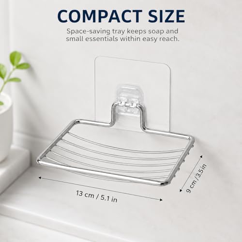 Bar Soap Holder for Shower Wall, Adhesive Stainless Steel Dish with Hooks, Rustproof Saver Tray for Bathroom Kitchen Sink, No Drilling Sponge Razor Storage Caddy, Square Drain Rack