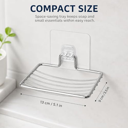 Bar Soap Holder for Shower Wall, Adhesive Stainless Steel Dish with Hooks, Rustproof Saver Tray for Bathroom Kitchen Sink, No Drilling Sponge Razor Storage Caddy, Square Drain Rack