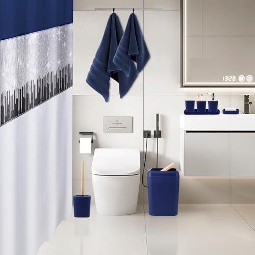 Bathroom Accessories Set with Sequin Shower Curtain, Navy Blue Bathroom Set with Trash Can,Towel Set,Shower Curtain Set - size: Bath Set+Shower Curtain, style: Navy Blue