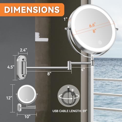 Auxmir 1X/30X Wall Mounted Makeup Mirror, 8" Rechargeable Magnifying Mirror | double-sided button, 3200mAh, 3 dimmable colors, 360° rotation, extended arm, 30X magnification, bathroom, chrome - color: 8'' 30x-chrome