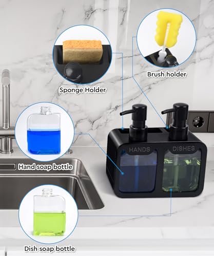 Kitchen Hand Soap and Dish Soap Dispenser Set, Dual Soap Dispenser with Sponge Caddy and Brush Holder 4-in-1 Organizer for Kitchen Sink Countertop, Useful Kitchen Gadgets - Black - color: Black