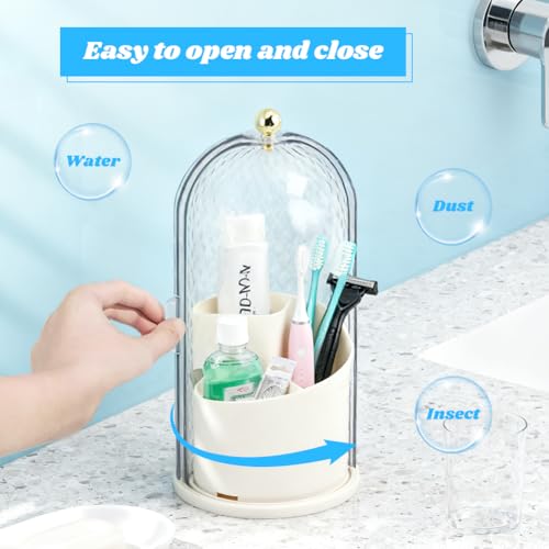 Rotating Toothbrush Holders with Sliding Lid & 4 Pcs Toothpaste Squeezers, Multifunctional 3 Slots Bathroom Organizer Countertop for Tooth Brush, Toothpaste, and Makeup Brushes