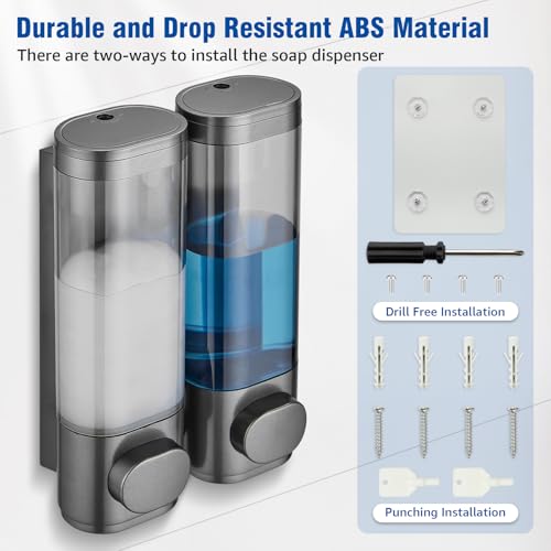 Pollock Shampoo and Conditioner Dispenser 2 Chamber No Drill | Shower Soap Pump Dispenser Wall Mounted,Body Wash Dispenser,Shower Gel Shampoo Holder for Bathroom Accessories, (Gun 2) - color: Gun 2