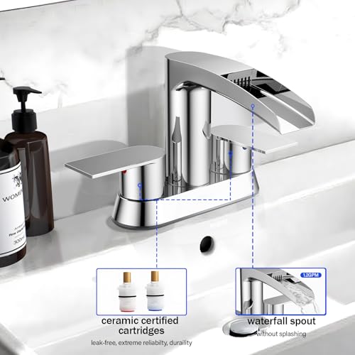 Bathroom Sink Faucet for 3 Hole, Hurran 4 Inch Bathroom Faucets with Pop-up Drain, Stainless Steel 2-Handle Waterfall Faucet for Bathroom Sink, Chrome - color: Chrome