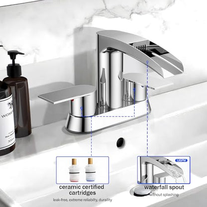 Bathroom Sink Faucet for 3 Hole, Hurran 4 Inch Bathroom Faucets with Pop-up Drain, Stainless Steel 2-Handle Waterfall Faucet for Bathroom Sink, Chrome - color: Chrome
