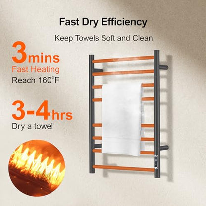 Towel Warmer Bathroom Wall Mounted Drying Rack Plug-in Electric Heated Towel Rack Stainless Steel Black with Timer & Temperature Control 8 Bar - color: Black With Timer 8 Bar Etw44-2, size: 8 Bar