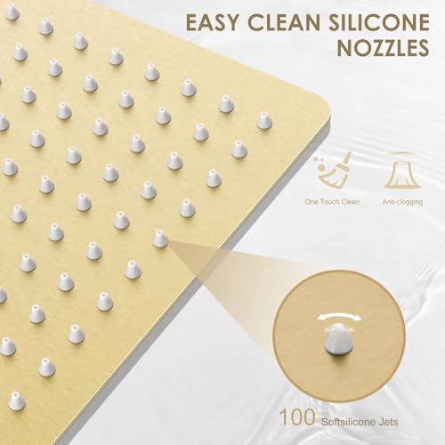 12 x 8 Inch Rectangle Rain Shower Head Brushed Gold, All Metal Stainless Steel 304, Full Body Rainfall Shower with 112 Silicone Nozzles, High Flow Waterfall Showerheads - color: Brushed Gold, size: 12 x 8 Inch Rectangle