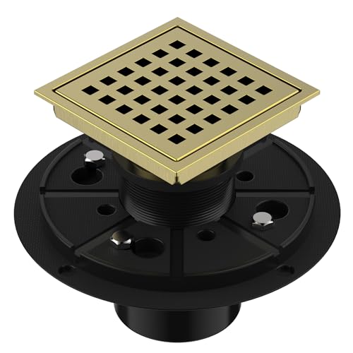 EXF Square Shower Drain 4-3/8 Inch Brushed Gold with ABS Flange | Stainless Steel, Anti-Clog, Removable Grid Grate and Hair Catcher, for Modern Bathroom Remodel Curbless Shower - color: Gold, size: 4IN