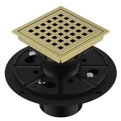 EXF Square Shower Drain 4-3/8 Inch Brushed Gold with ABS Flange | Stainless Steel, Anti-Clog, Removable Grid Grate and Hair Catcher, for Modern Bathroom Remodel Curbless Shower - color: Gold, size: 4IN