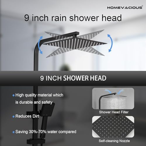 Matte Black Exposed Shower System 9 Inch Rainfall Shower Head | Handheld Spray Single Handle Center Wall Mount Bathroom Shower Faucet with Square Shower Head by Homevacious - color: Matte Black, style: 2-Function