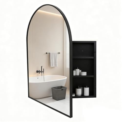 Black Metal Medicine Cabinet Arched-Design,Bathroom Mirror with Storage, Recessed or Surface Mounted, 2 Adjustable Metal Shelves (Brushed Black, 24x32) - color: Brushed Black, size: 24x32
