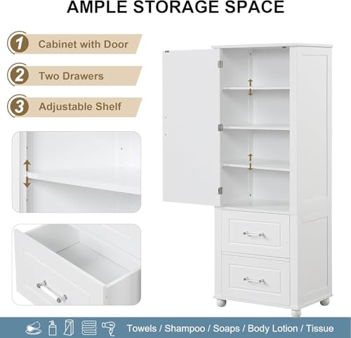 Tall Bathroom Storage Cabinet, Wood Bathroom Kitchen Pantry Cabinet with 2 Drawers and 2 Adjustable Shelves, Freestanding (White) - color: White, size: 23“x15”x61“