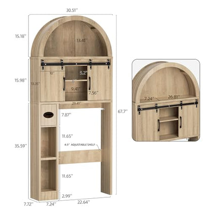 AHB Over The Toilet Storage Cabinet with Sliding Doors, Natural | Arched Cabinet Freestanding Bathroom Organizer Anti-Tip Device Space-Saving Toilet Storage for Bathroom, Laundry